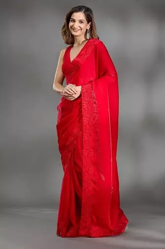 Red Color multi Embroidery Work  Satin Silk  Saree