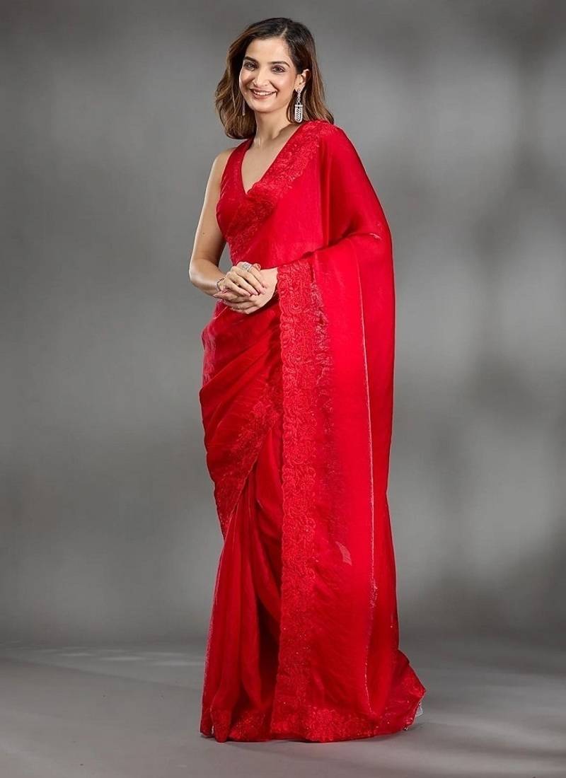 Red Color multi Embroidery Work  Satin Silk  Saree