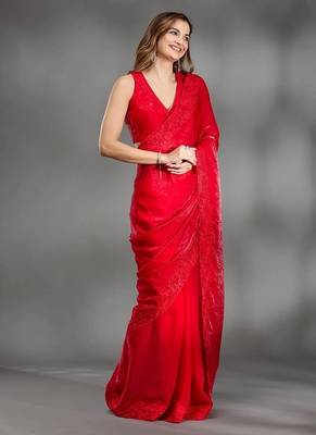 Red Color multi Embroidery Work  Satin Silk  Saree 3