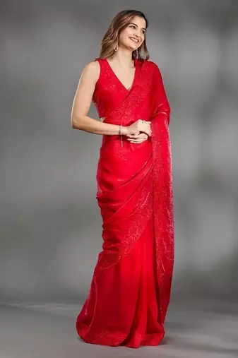 Red Color multi Embroidery Work  Satin Silk  Saree