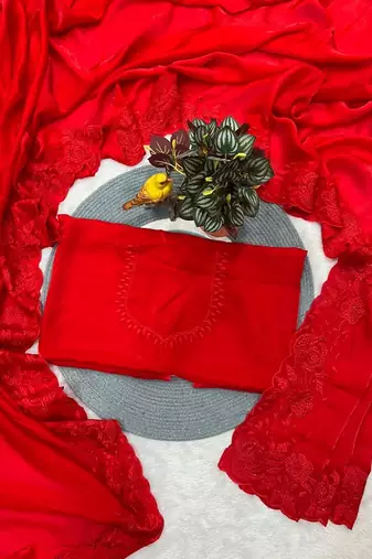 Red Color multi Embroidery Work  Satin Silk  Saree
