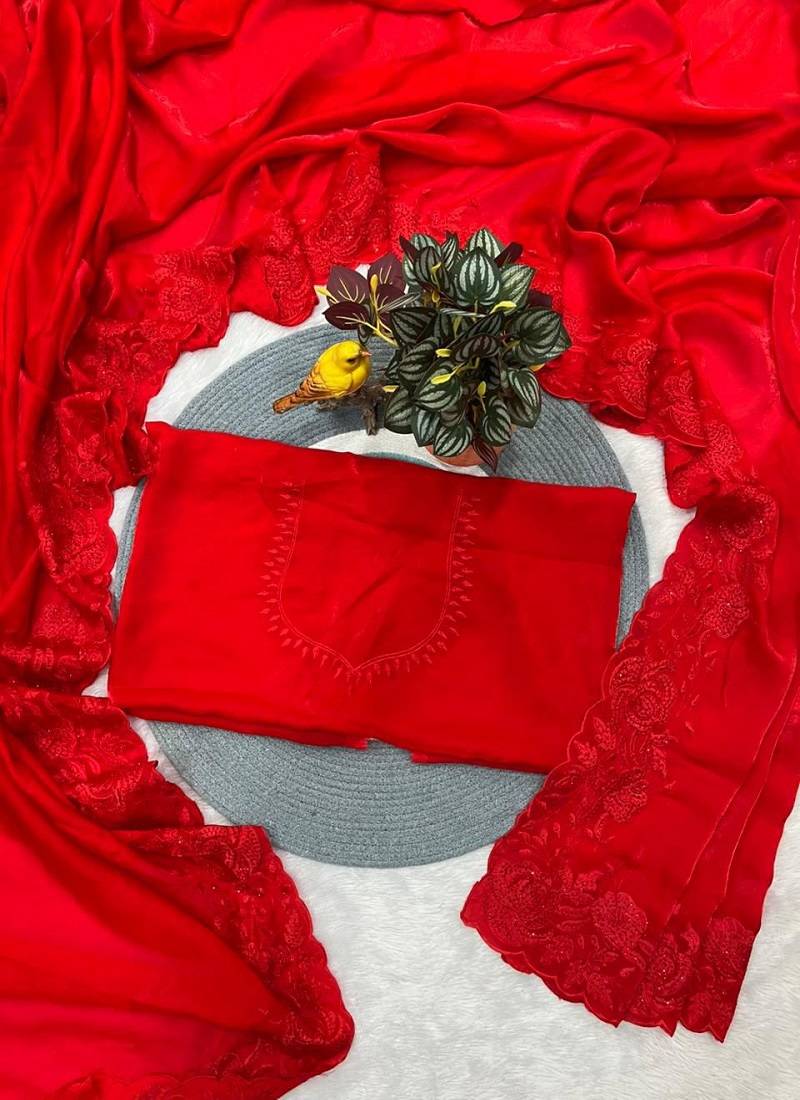 Red Color multi Embroidery Work  Satin Silk  Saree