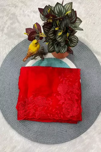 Red Color multi Embroidery Work  Satin Silk  Saree