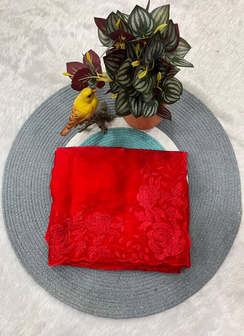 Red Color multi Embroidery Work  Satin Silk  Saree