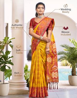 Yellow & orange pochampalli soft silk blend saree with traditional ikat pallu saree 4