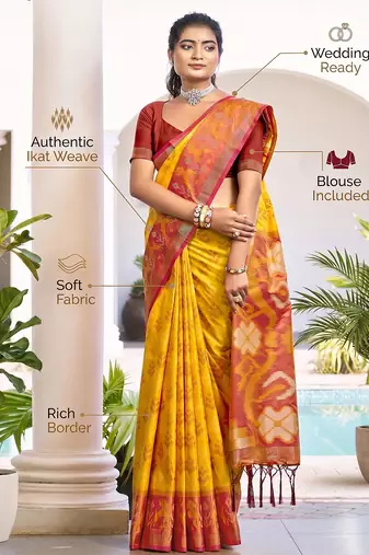 Yellow & orange pochampalli soft silk blend saree with traditional ikat pallu saree