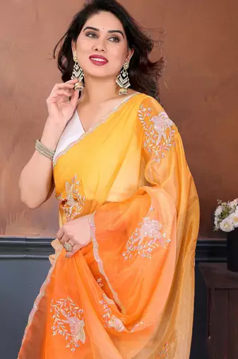 Women Poly Georgette Embroidery Sequence Bird Work Saree