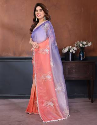 Women Poly Georgette Embroidery Sequence Bird Work Saree 2