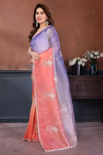 Women Poly Georgette Embroidery Sequence Bird Work Saree