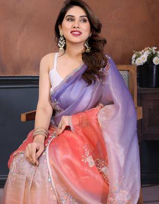 Women Poly Georgette Embroidery Sequence Bird Work Saree 4