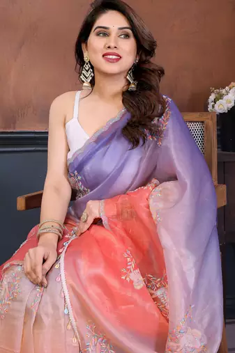 Women Poly Georgette Embroidery Sequence Bird Work Saree