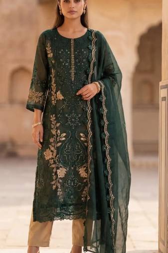 D green silk semi stitched suit with embroidery & sequence work