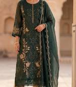 D green silk semi stitched suit with embroidery & sequence work