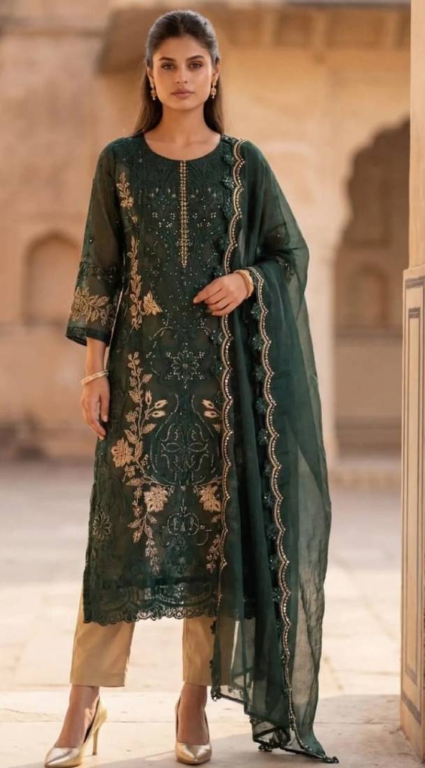 D green silk semi stitched suit with embroidery & sequence work