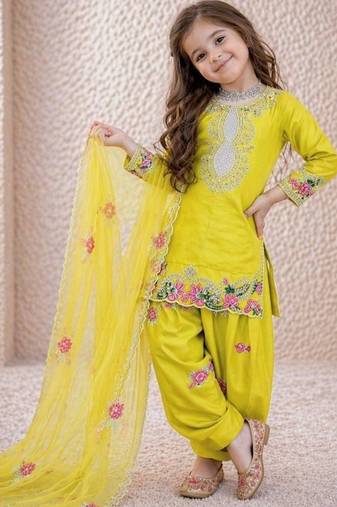 Designer party wear heavy natural crep kids patiala set