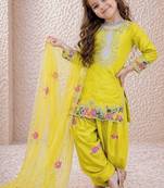 Designer party wear heavy natural crep kids patiala set