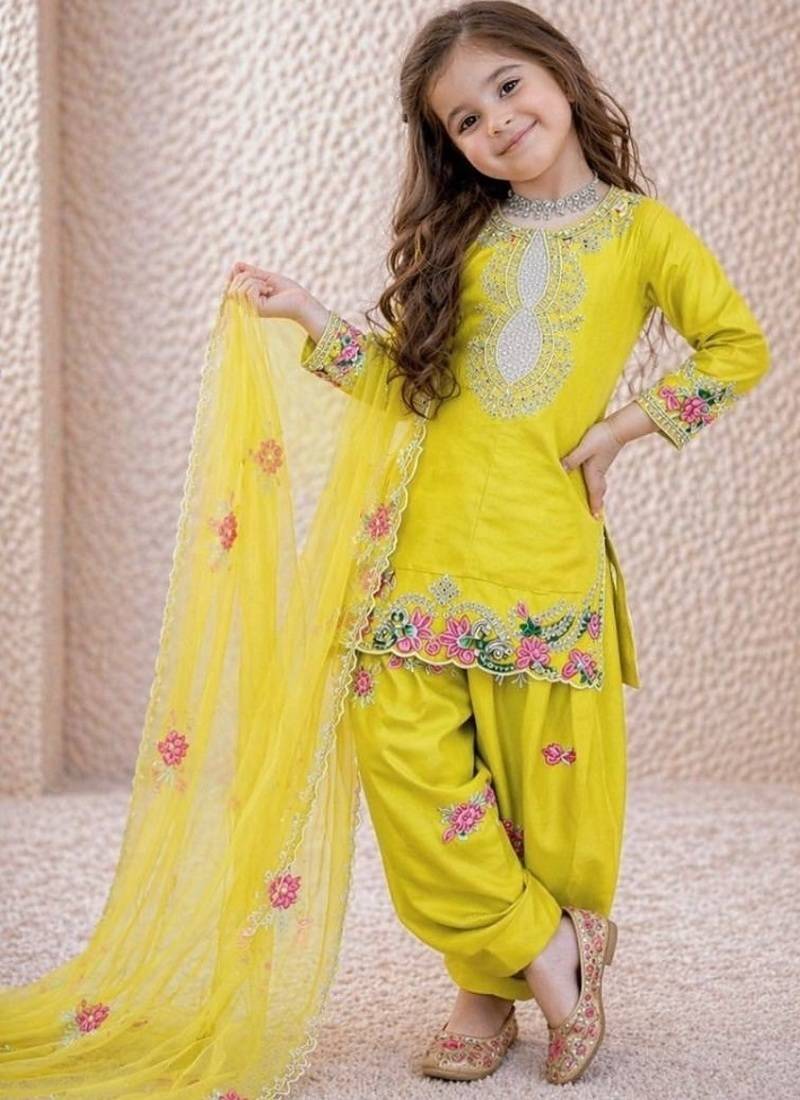 Designer party wear heavy natural crep kids patiala set