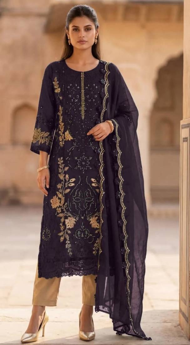 Purple silk semi stitched suit with embroidery & sequence work
