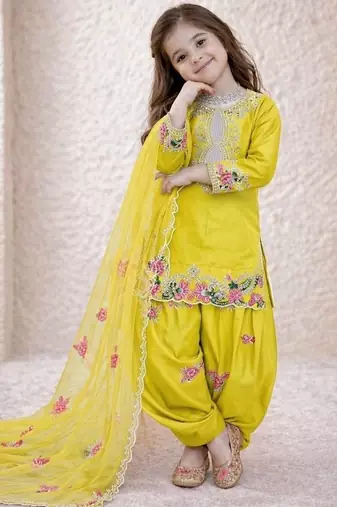 Designer party wear heavy natural crep kids patiala set