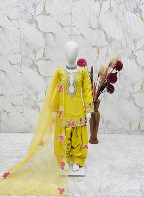 Designer party wear heavy natural crep kids patiala set 3
