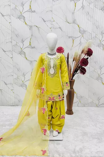 Designer party wear heavy natural crep kids patiala set