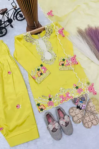Designer party wear heavy natural crep kids patiala set