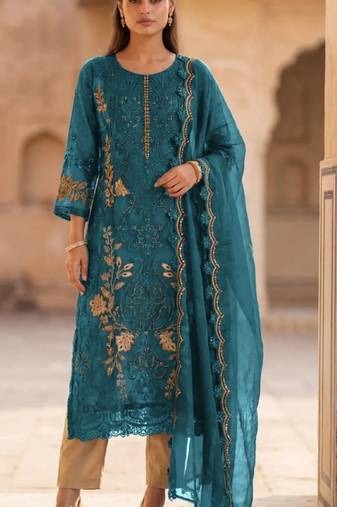 Teal blue silk semi stitched suit with embroidery & sequence work