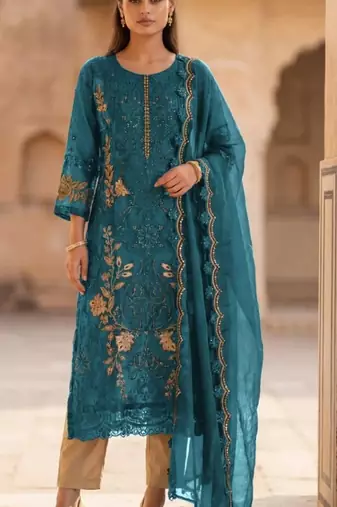 Teal blue silk semi stitched suit with embroidery & sequence work