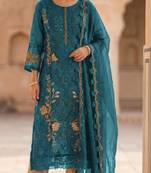 Teal blue silk semi stitched suit with embroidery & sequence work