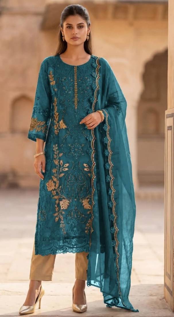Teal blue silk semi stitched suit with embroidery & sequence work