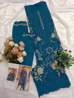Teal blue silk suit with embroidered sequin  2