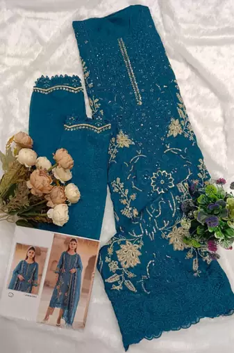 Teal blue silk suit with embroidered sequin 