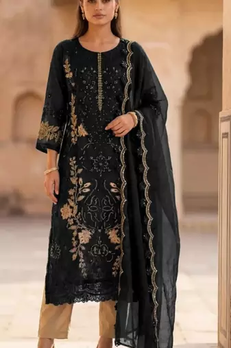 Black silk semi stitched suit with embroidery & sequence work