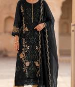 Black silk semi stitched suit with embroidery & sequence work