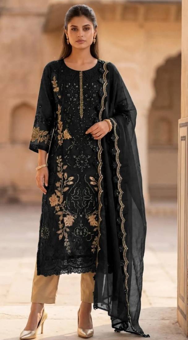 Black silk semi stitched suit with embroidery & sequence work