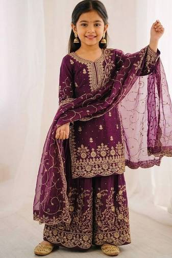 Designer wedding embroidered work kids plazzo set