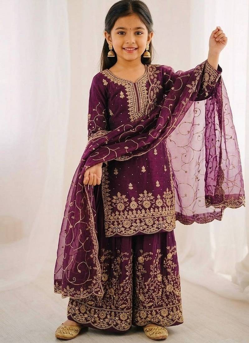 Designer wedding embroidered work kids plazzo set