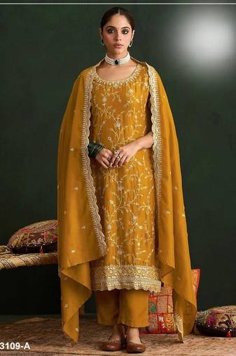 Mustard vichitra silk semi stitched suit with embroidery & sequence work