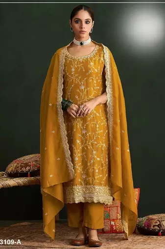 Mustard vichitra silk semi stitched suit with embroidery & sequence work