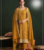 Mustard vichitra silk semi stitched suit with embroidery & sequence work