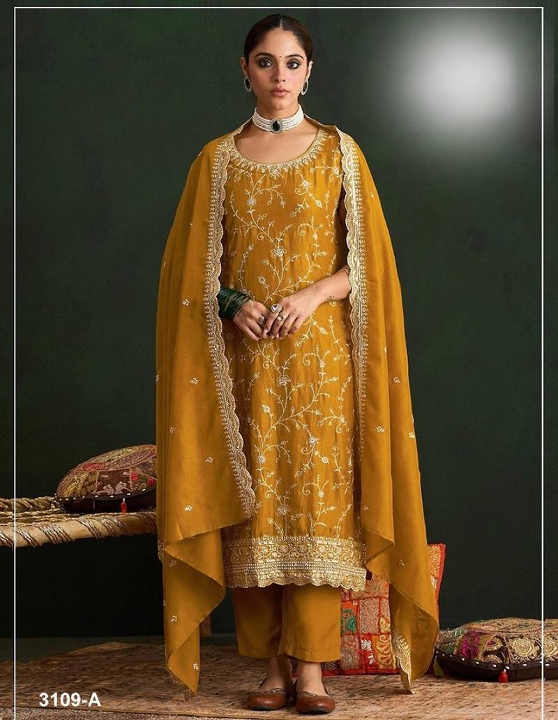 Mustard vichitra silk semi stitched suit with embroidery & sequence work