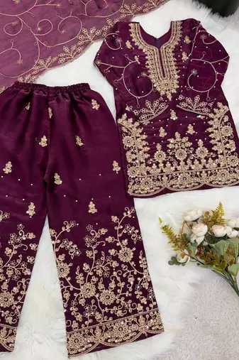 Designer wedding embroidered work kids plazzo set