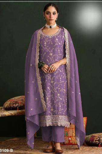 Purple vichitra silk semi stitched suit with embroidery & sequence work