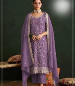 Purple vichitra silk semi stitched suit with embroidery & sequence work