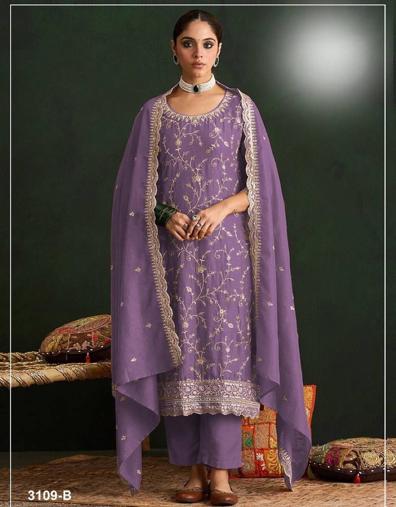 Purple vichitra silk semi stitched suit with embroidery & sequence work