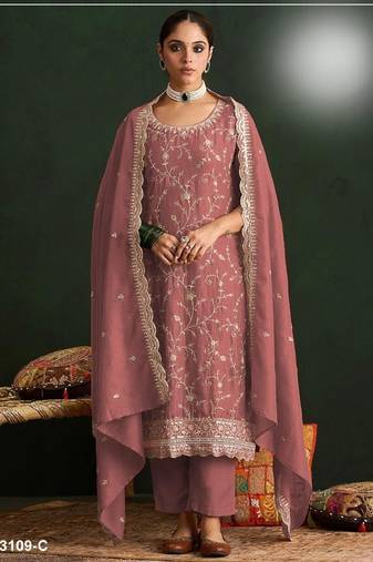 Peach vichitra silk semi stitched suit with embroidery & sequence work