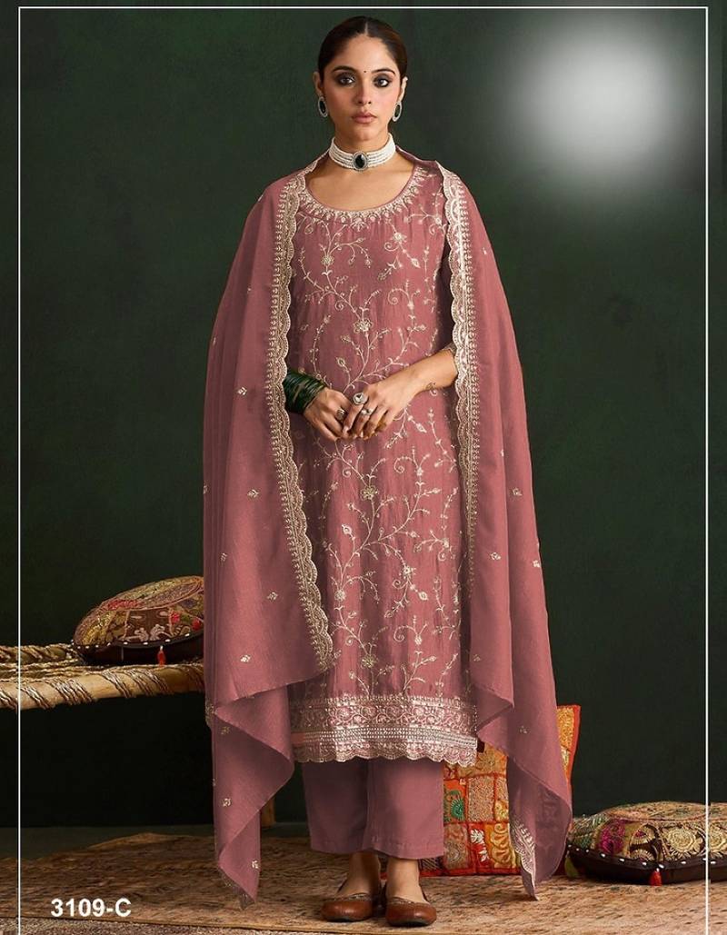 Peach vichitra silk semi stitched suit with embroidery & sequence work