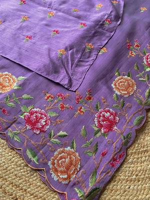 Lavender matka silk saree with heavy floral embroidery border with running blouse 1