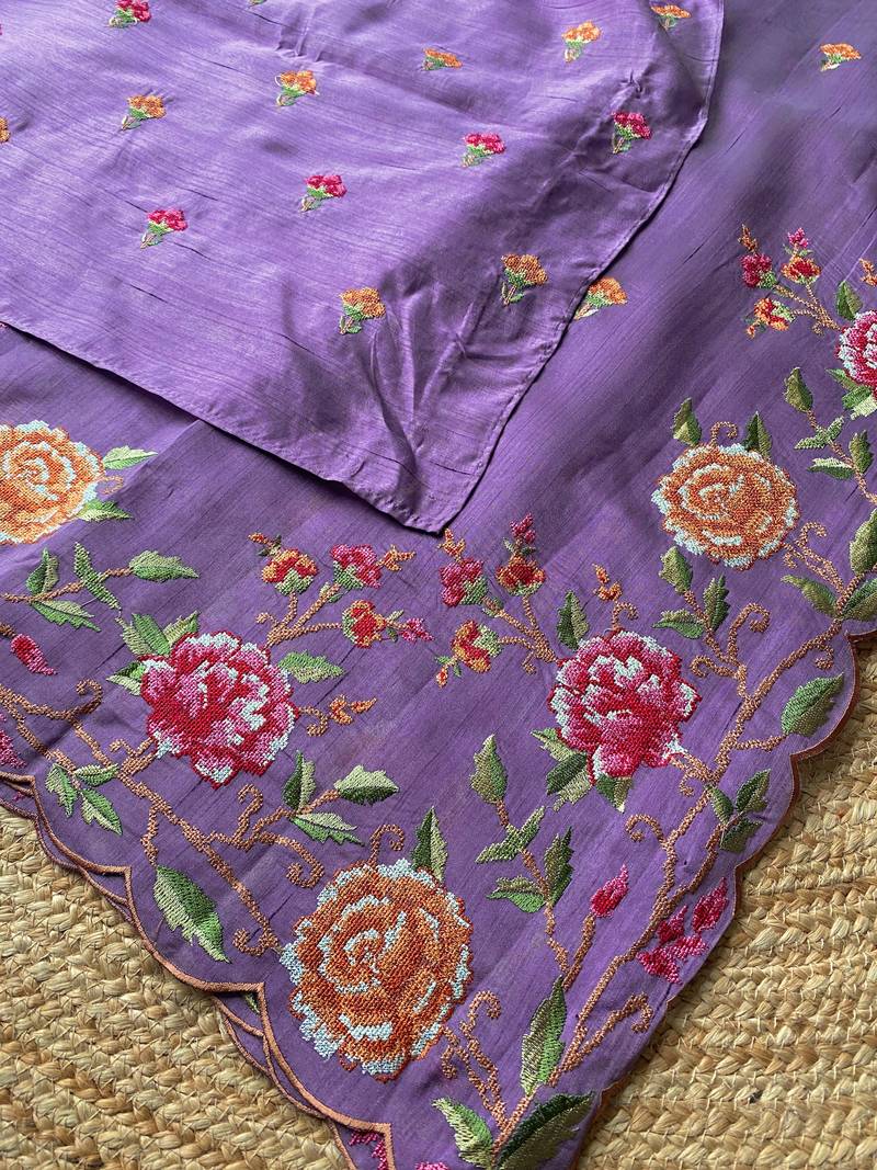 Lavender matka silk saree  with heavy floral embroidery border with running blouse