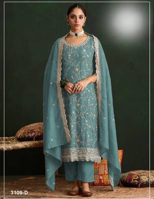 Blue vichitra silk suit with embroidered sequin  1